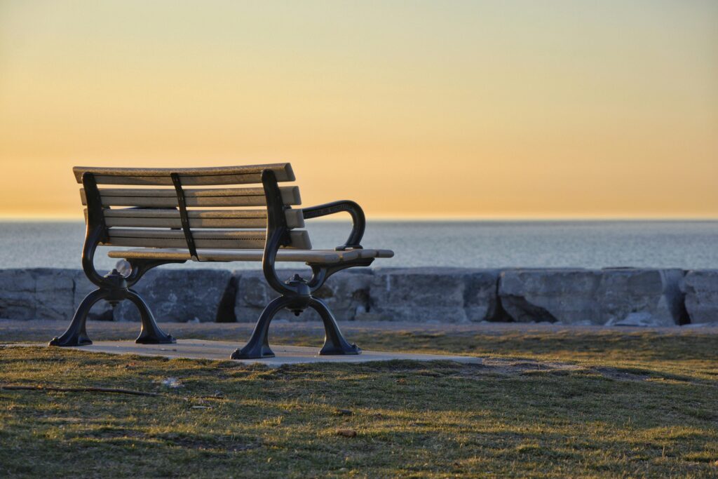 One lone bench at sunset