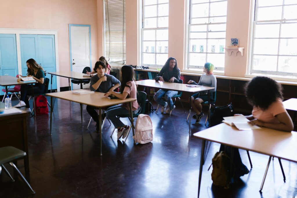 Students sitting in a classroom.